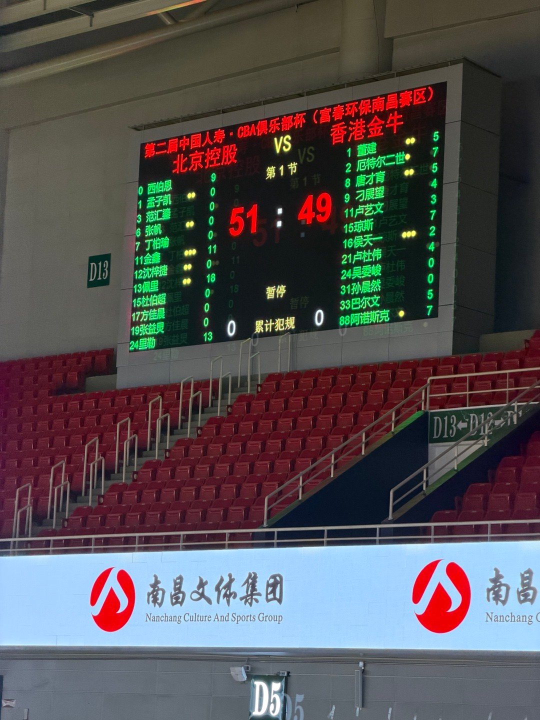 CBA俱乐部杯半场北京北控51:49香港金牛CBA