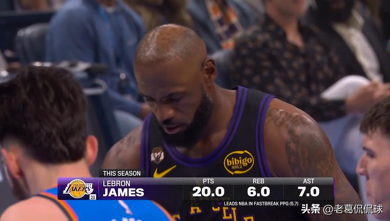 湖人超级巨星詹姆斯真是太想赢球了！在今天湖人客场挑战雷霆的比赛中，目前双方半场战