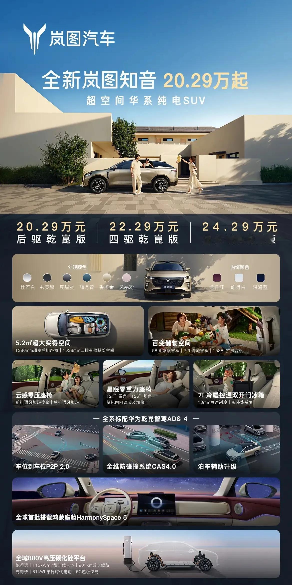全新岚图知音上市了，20.29万元起配齐华为全家桶。

目前新车一共发布三款车型