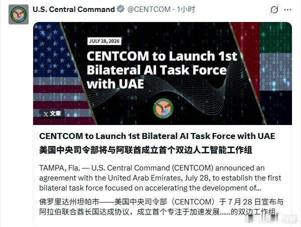 美国中央司令部宣布和阿联酋正在启动“Task Force Talon Synap