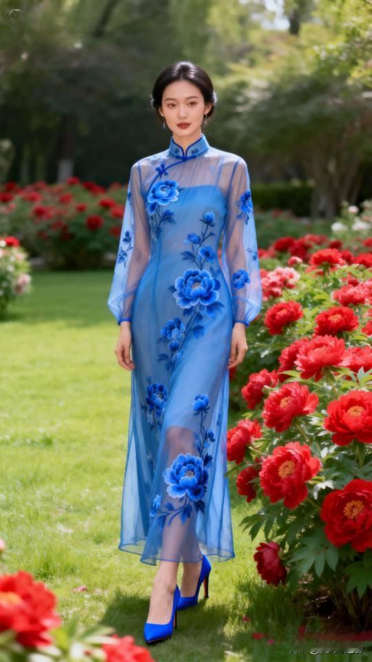 蓝色连衣裙女子在牡丹花丛中留影。连衣长裙 旗袍裙
