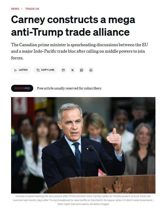 加拿大总理卡尼正牵头开展探索性谈判，旨在组建一个大型的欧盟-印太贸易联盟，以应对