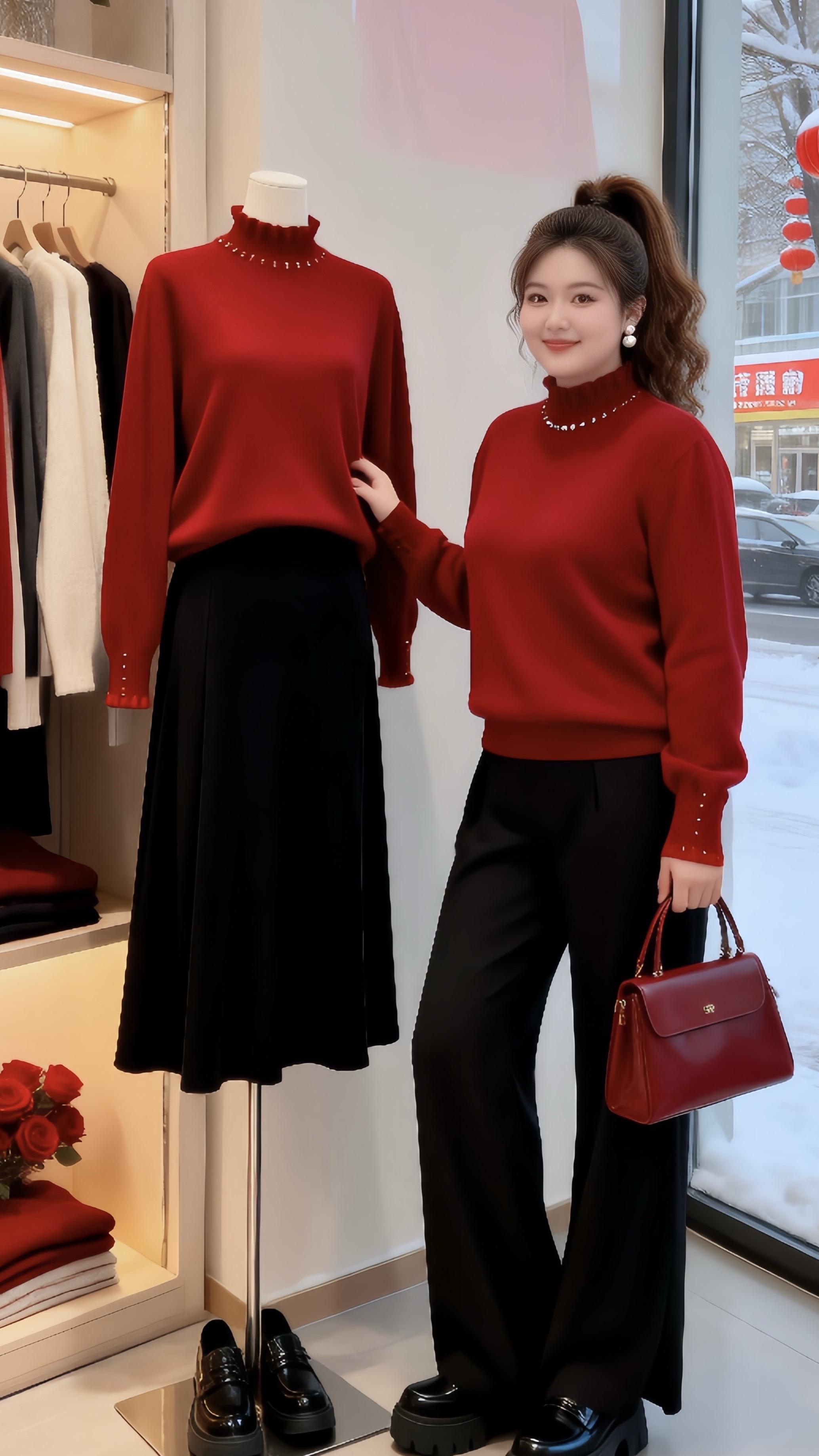 大码穿搭红色毛衣让人眼前一亮的跨年约会穿搭脱下外套也体面的秋冬内搭秋冬...