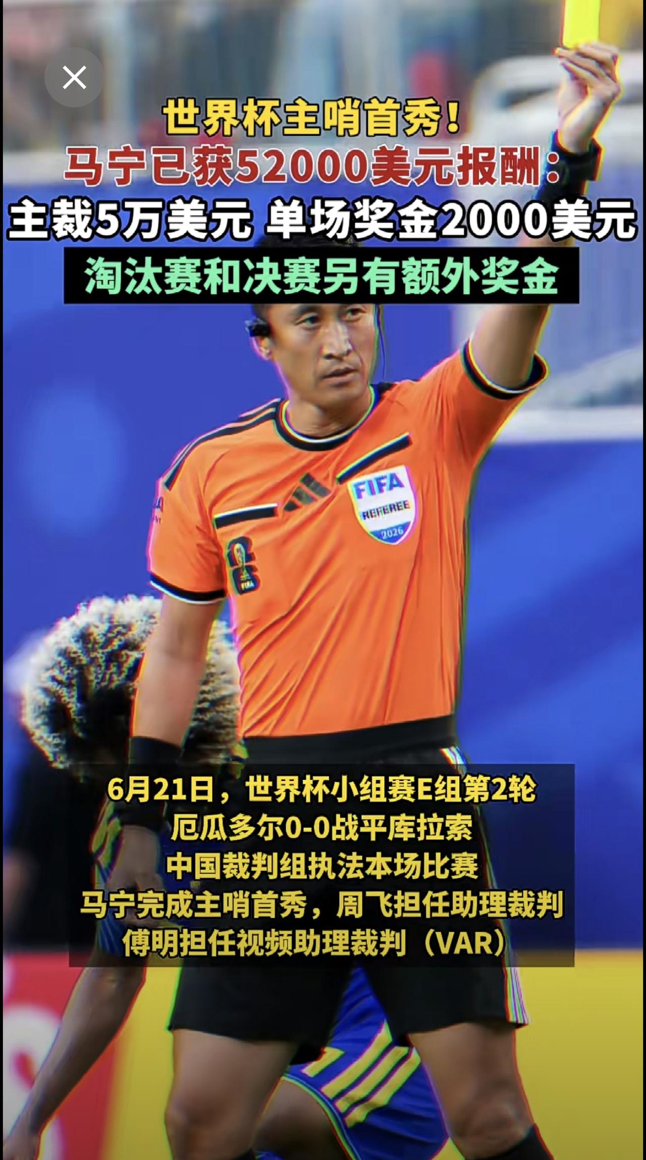 世界杯主哨首秀！马宁已获52000美元报酬：主裁5万美元，单场奖金2000美元。