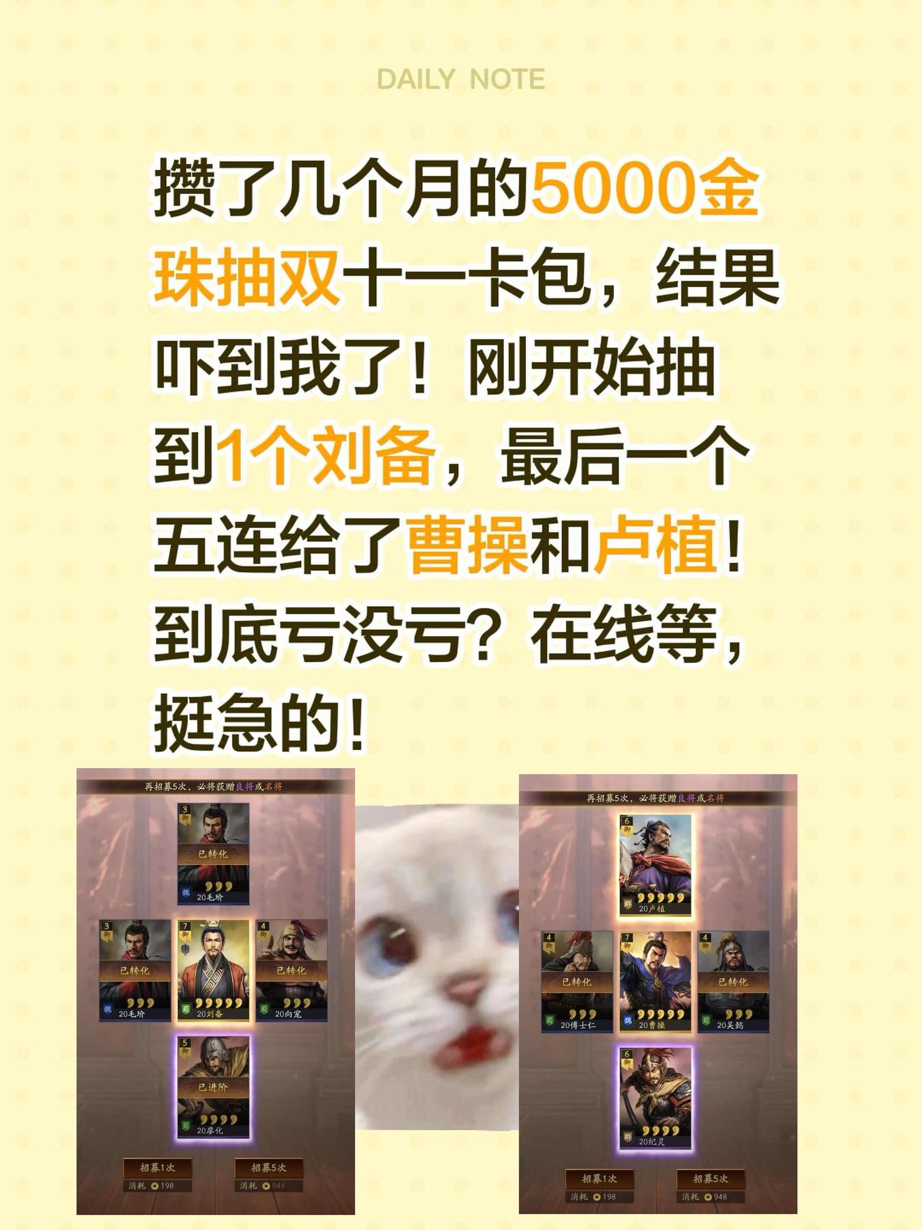攒了几个月的5000金珠抽双十一卡包，结果吓到我了！刚开始抽到1个刘备...