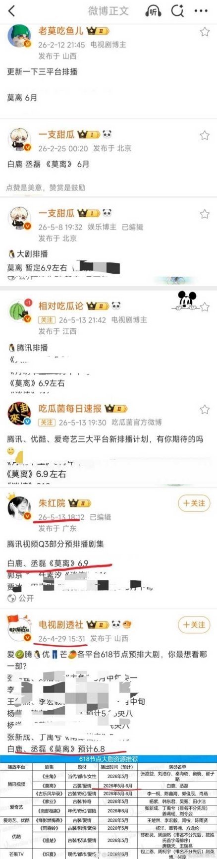 莫离对打翘楚白鹿的《莫离》在今年春节的时候就已经网传会在6月排播定档了！播出时间
