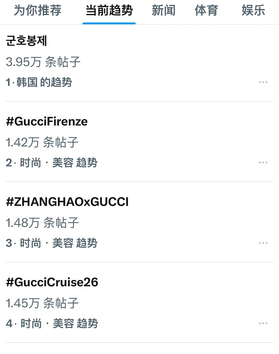 章昊出发gucci早春秀，无宣发火速升至韩趋2.3.4，推文均破万，世趋24[哆
