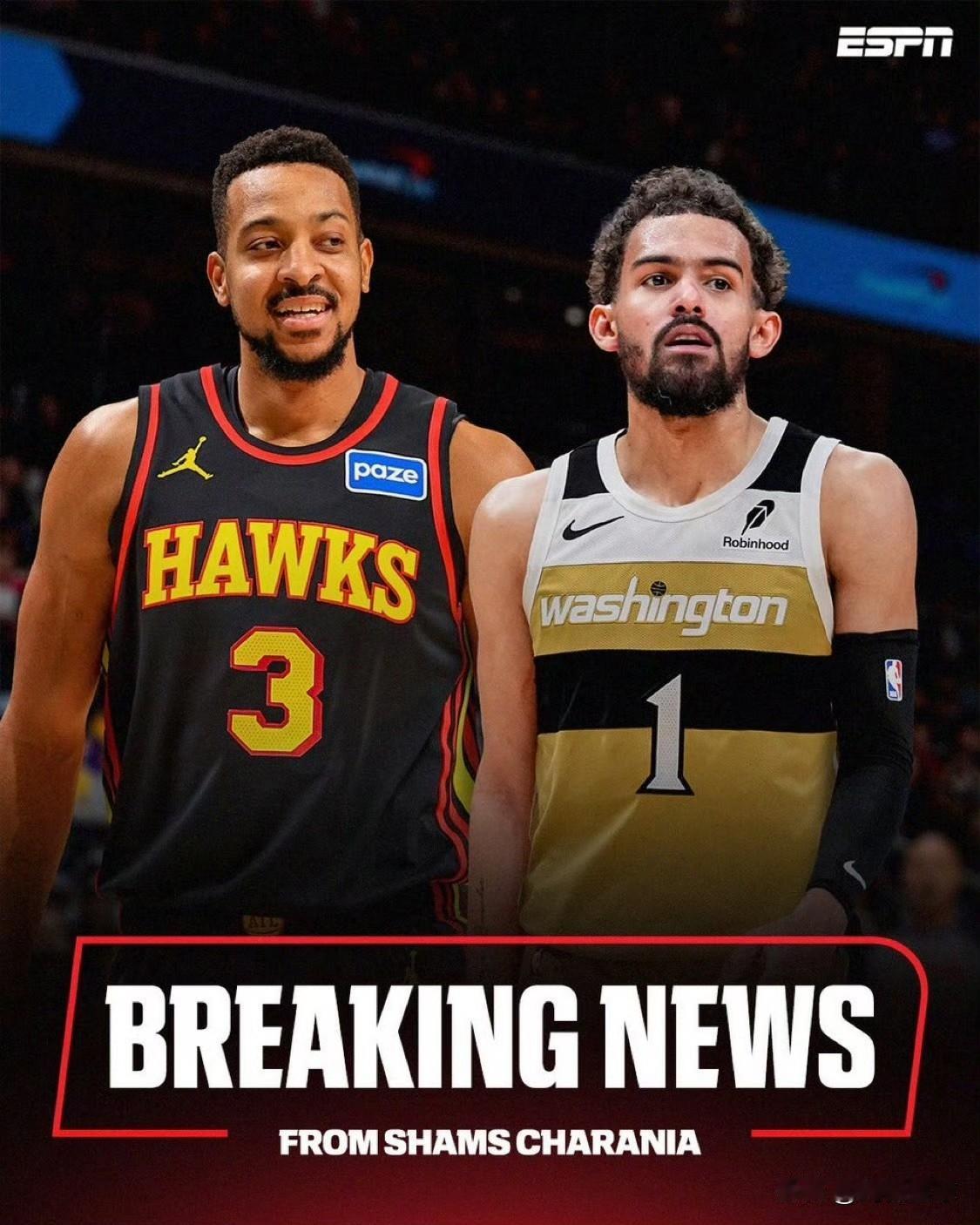 交易正式达成：特雷杨换CJ

据名记Shams报道：老鹰队与奇才队正式达成交易，