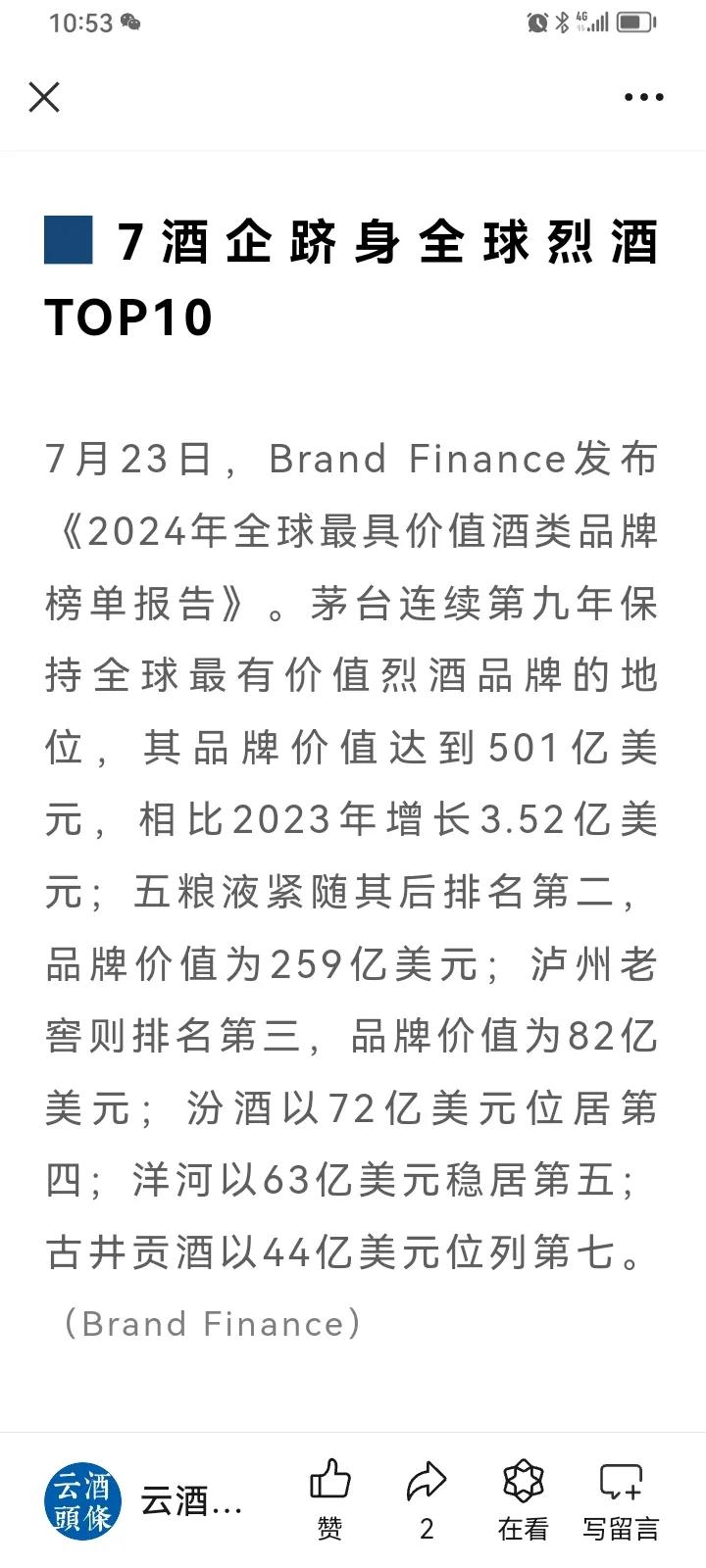 白酒头部品牌中，不论从哪个视角看，茅台、五粮液大都是稳稳的前两名，3-5名往往是