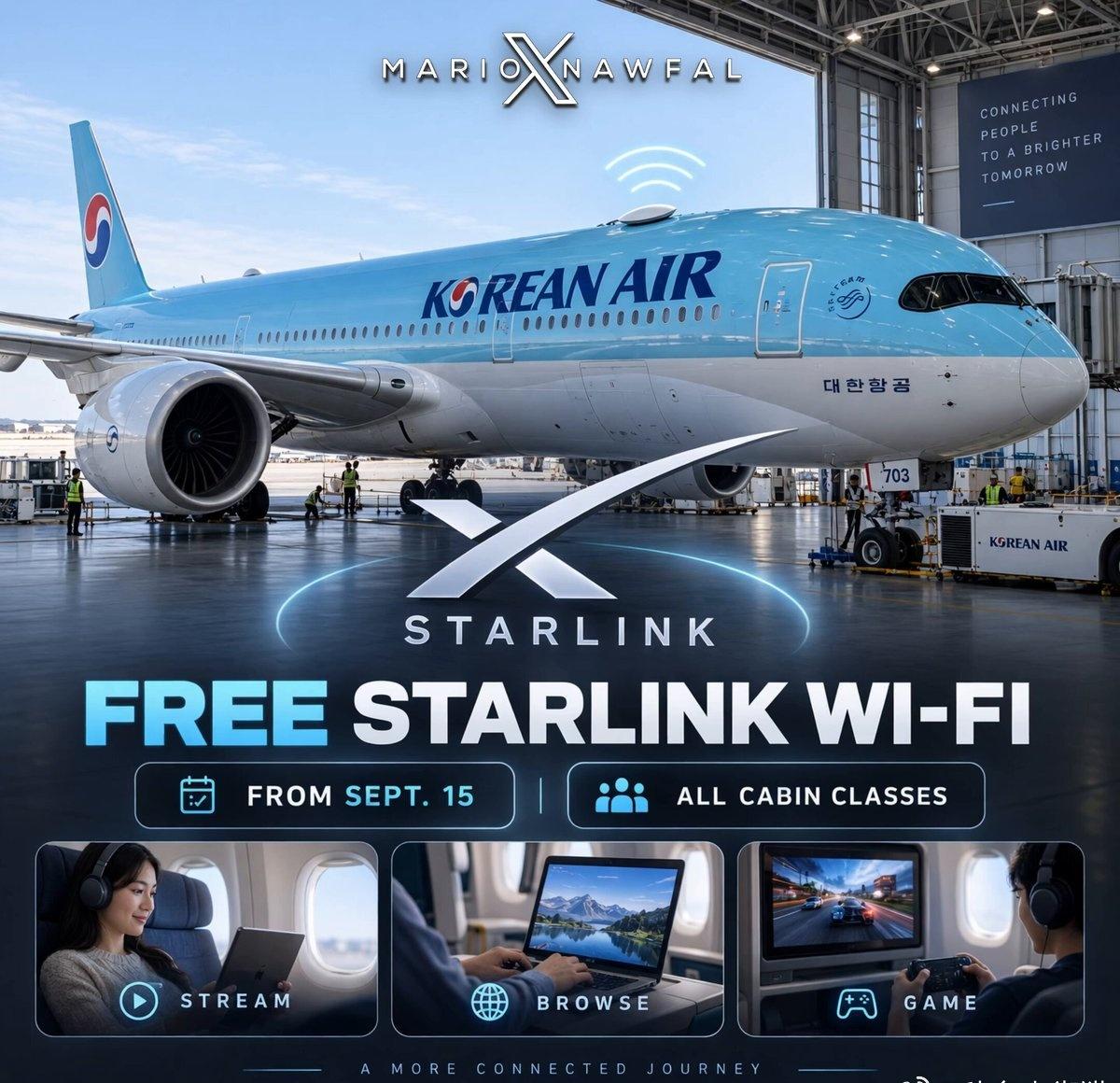 大韩航空加入星链“朋友圈”：9月15日起部分宽体机提供免费Wi-Fi，2027年