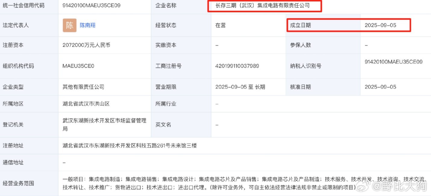 9 月 8 日，长存三期（武汉）集成电路有限责任公司成立，注册资本 207.2 