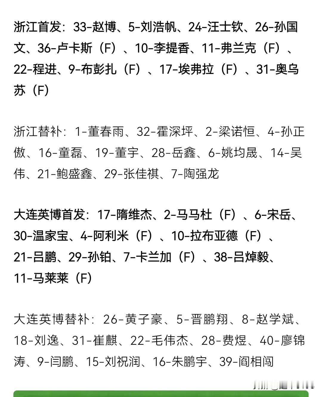 浙江vs大连英博首发替补出炉。河南前外援卡兰加首发。

23日，中超第1轮，浙江