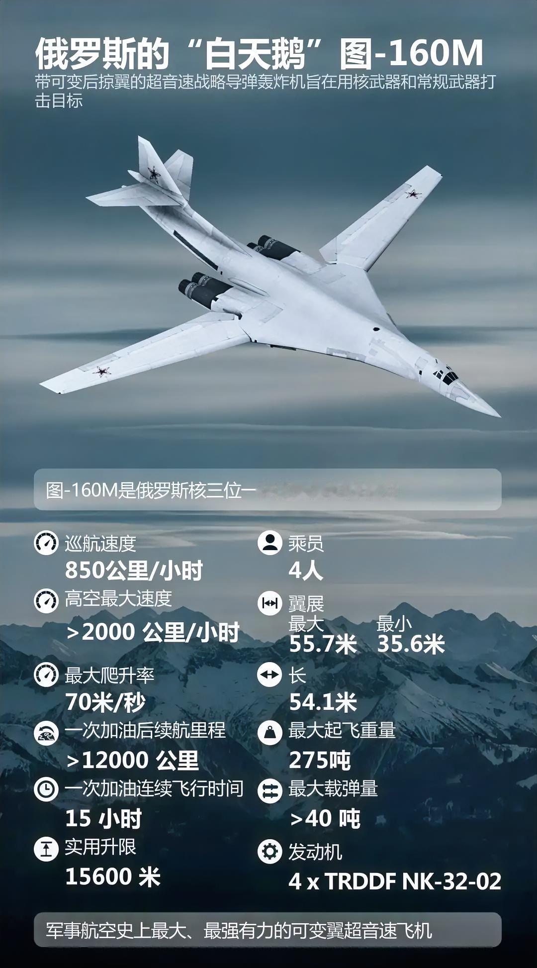 图-160是苏联图波列夫设计局研制的超音速可变后掠翼远程战略轰炸机，北约代号“海