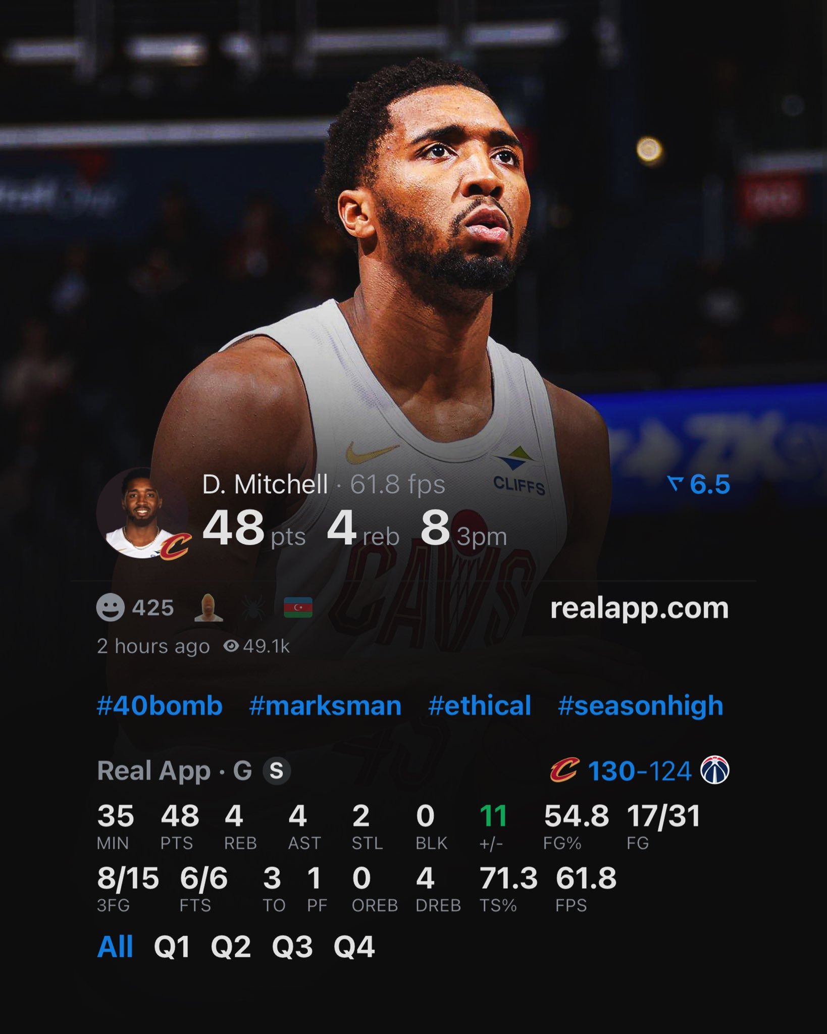 米切尔狂轰赛季个人新高的48分，帮助骑士逆转险胜奇才，这是他生涯第9场45+，超