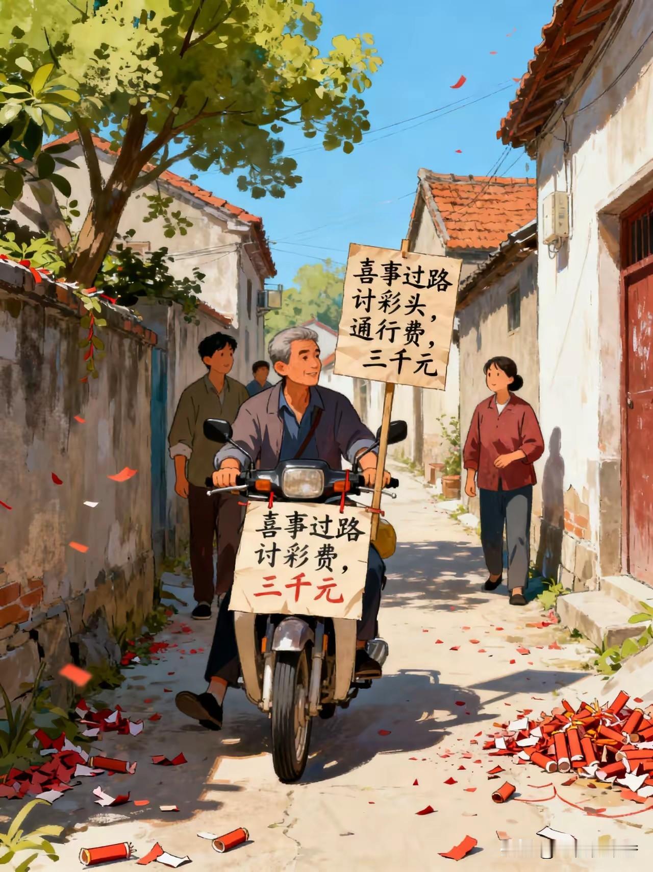 去年我结婚，邻居拦路要三千才让过，今天他家儿子结婚，我把摩托车横在路口，纸板上写