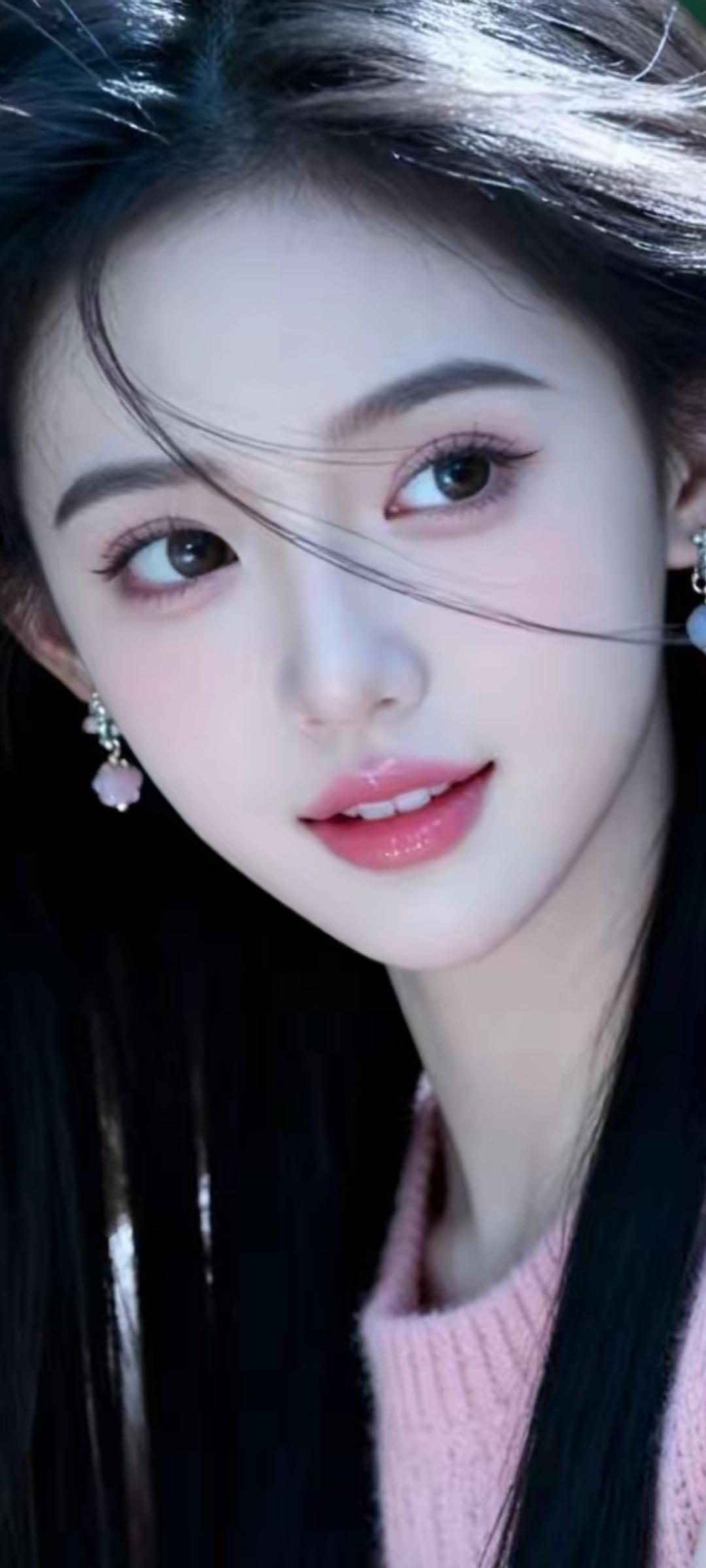温柔甜美的少女，粉色毛衣搭配精致耳环，清新自然。