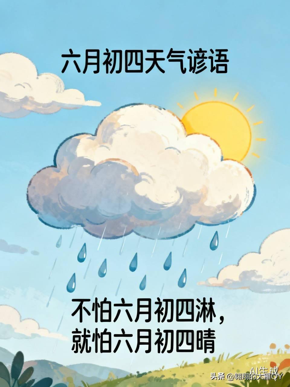 今天是六月初四民间俗语有
1. 不怕六月初四雨如泼，就怕六月初四日头火。
2. 