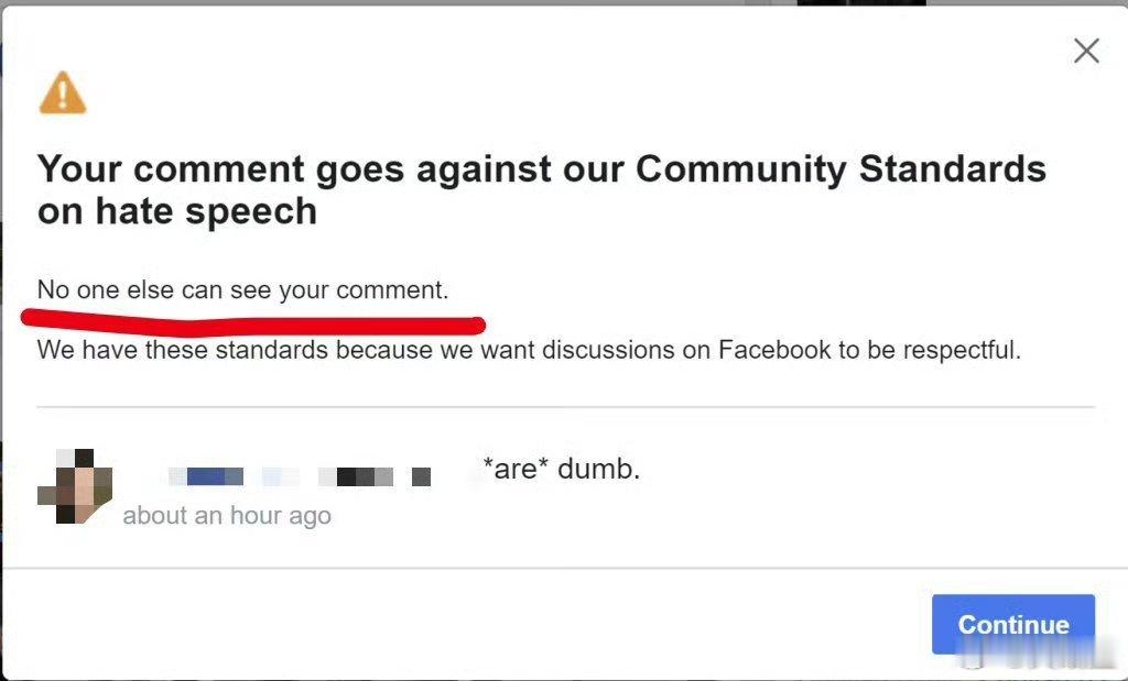 以前Facebook也有“评论仅自己可见”这种骚操作，但是至少会明确告知“No 