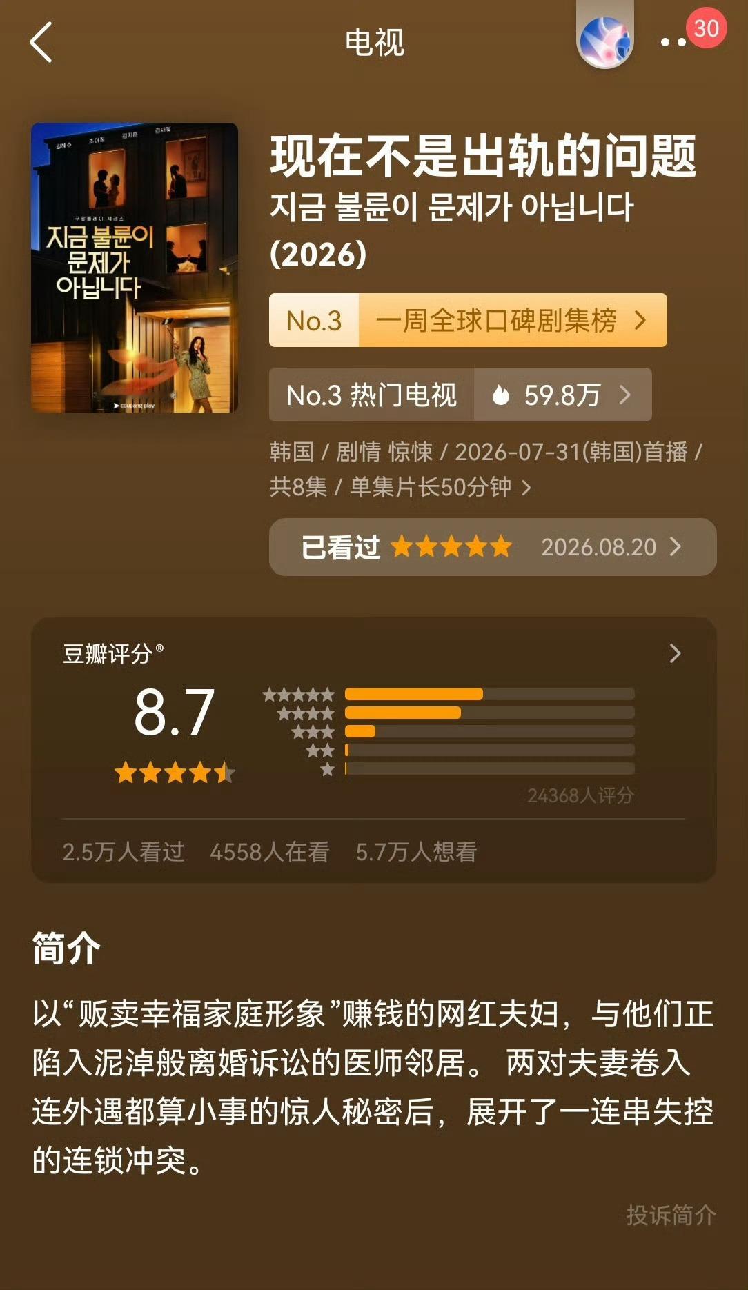 《现在不是外遇的问题》从豆瓣开分7.8涨到8.7分，靠口碑人传人的热度上了各平台