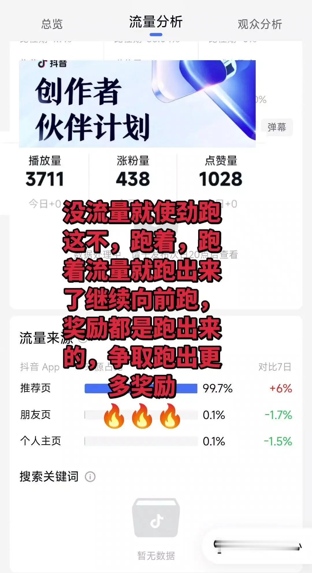 没流量的时候一定要往推荐页跑。继续努力跑，奖励都是跑出来的！加油！创作者伙伴计划