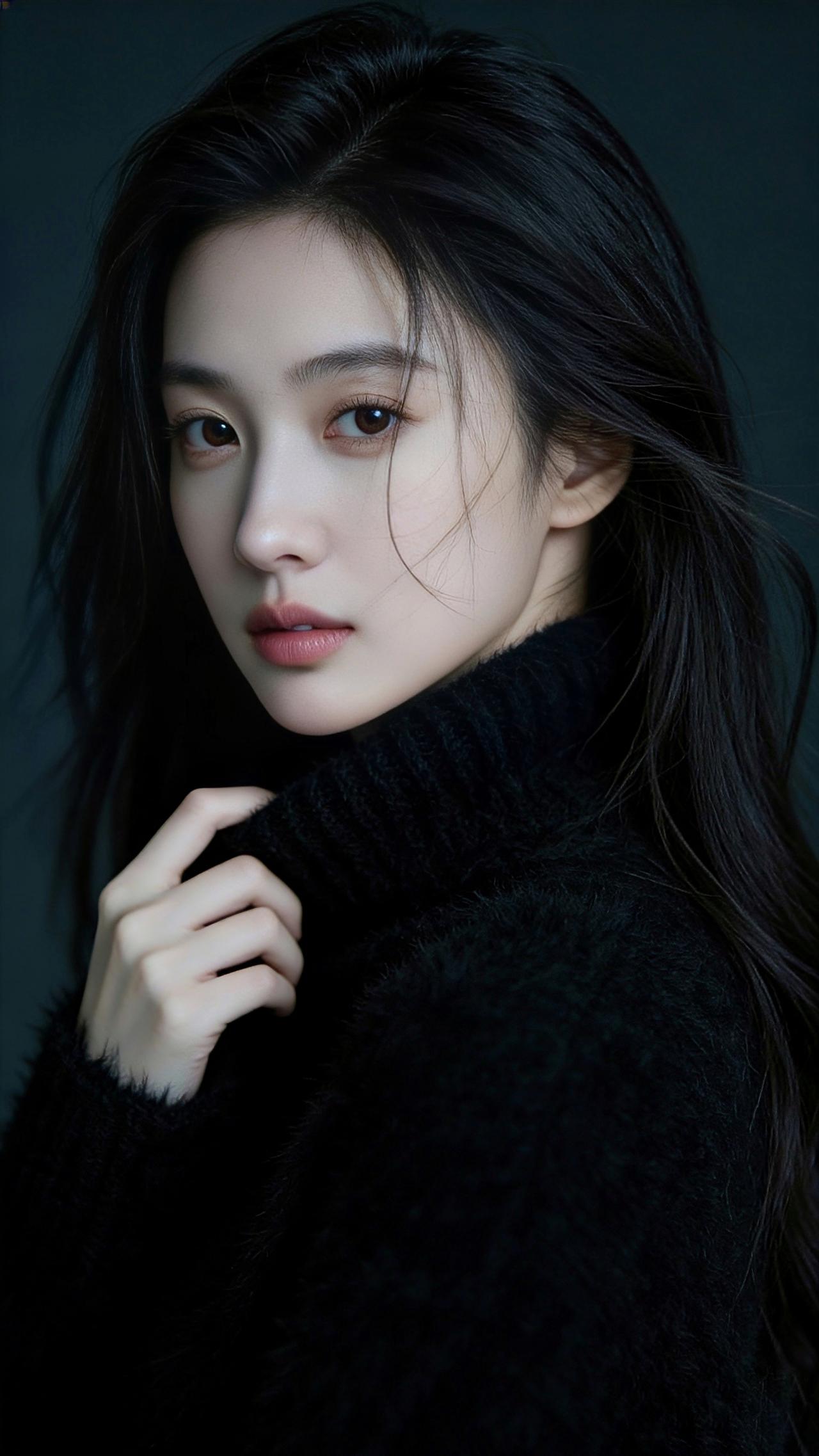 九帧同绘黑衣温婉仙。乌黑长发垂落轻扬，发丝柔顺泛柔光。黑毛绒高领上衣软暖，手轻拉