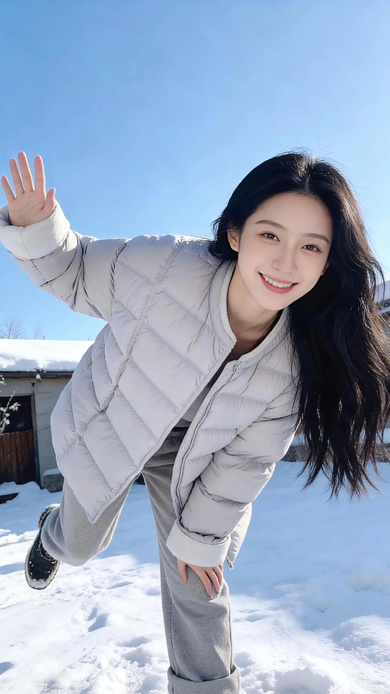 雪日衣影
 
冬日的风卷着碎雪，在澄澈如洗的蓝天下跳着轻快的舞。年轻的姑娘踩着厚