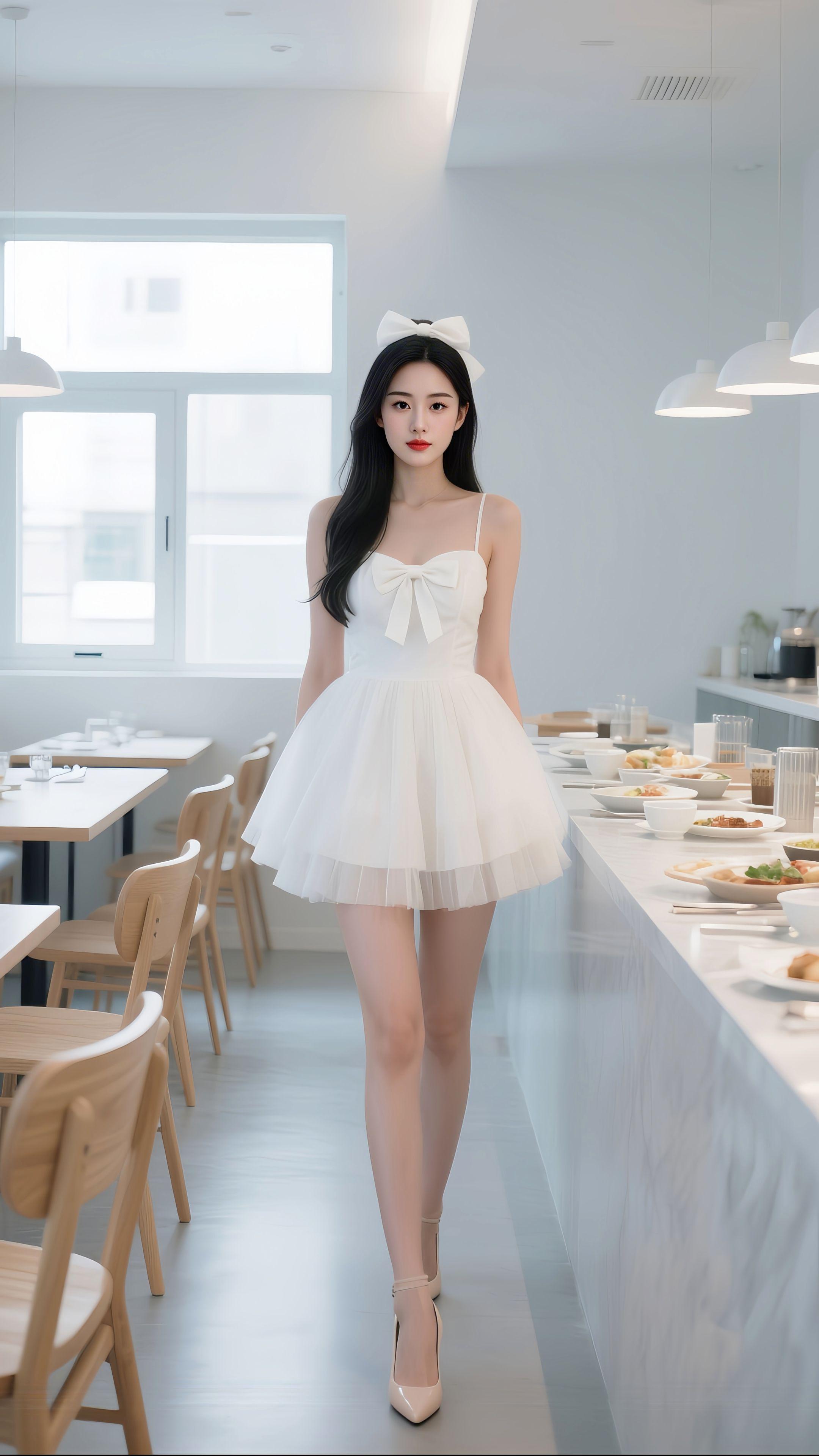 谁能拒绝在原木风咖啡馆里，一身白纱蓬裙+蝴蝶结的甜美暴击？ 抹胸设计藏...