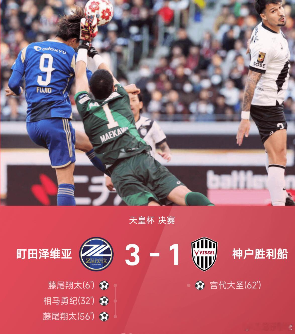 11月22日讯 25赛季天皇杯决赛，町田泽维亚3-1战胜神户胜利船。上半场比赛，
