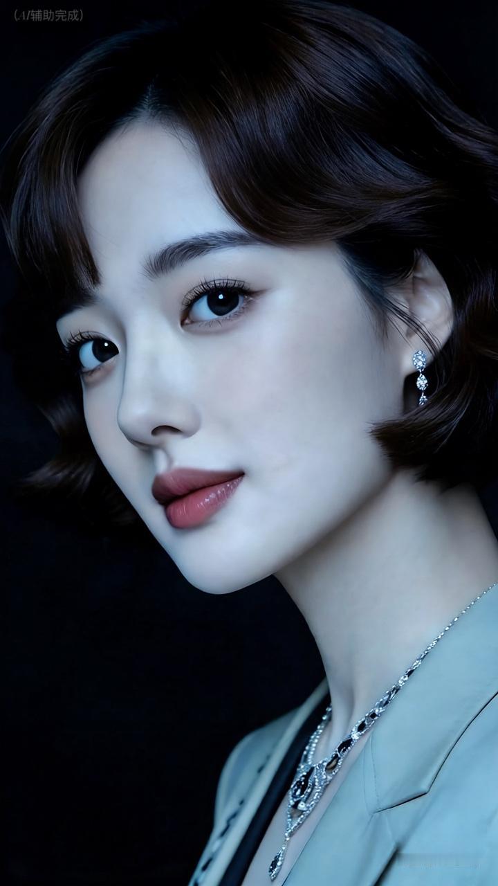 深棕微卷短发（发梢灵动），浅灰/米色西装裹黑内搭（层次分明）。眉眼精致眸亮如星，