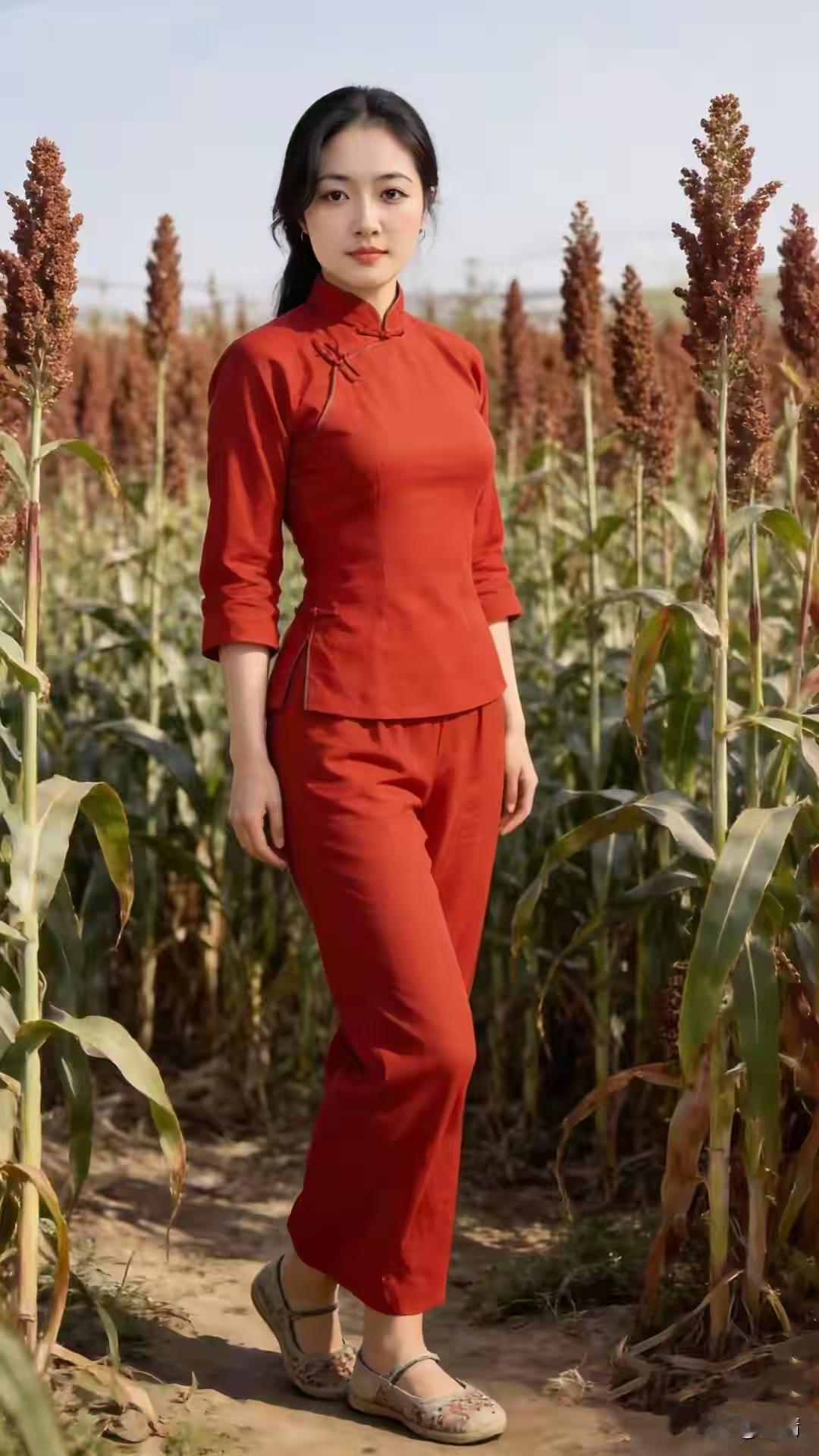 清江引·红高粱地佳人
高粱穗垂秋意漫，
红衫佳人现。
从那旧时光，
浅笑身前站。