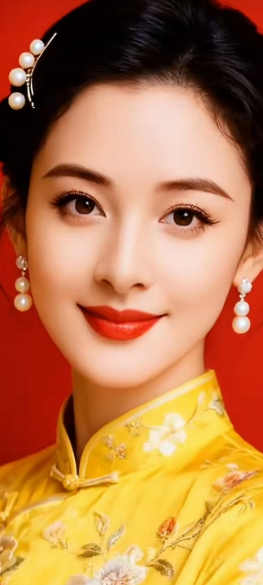 优雅东方美人，红唇与珍珠耳环的完美搭配，尽显古典韵味。