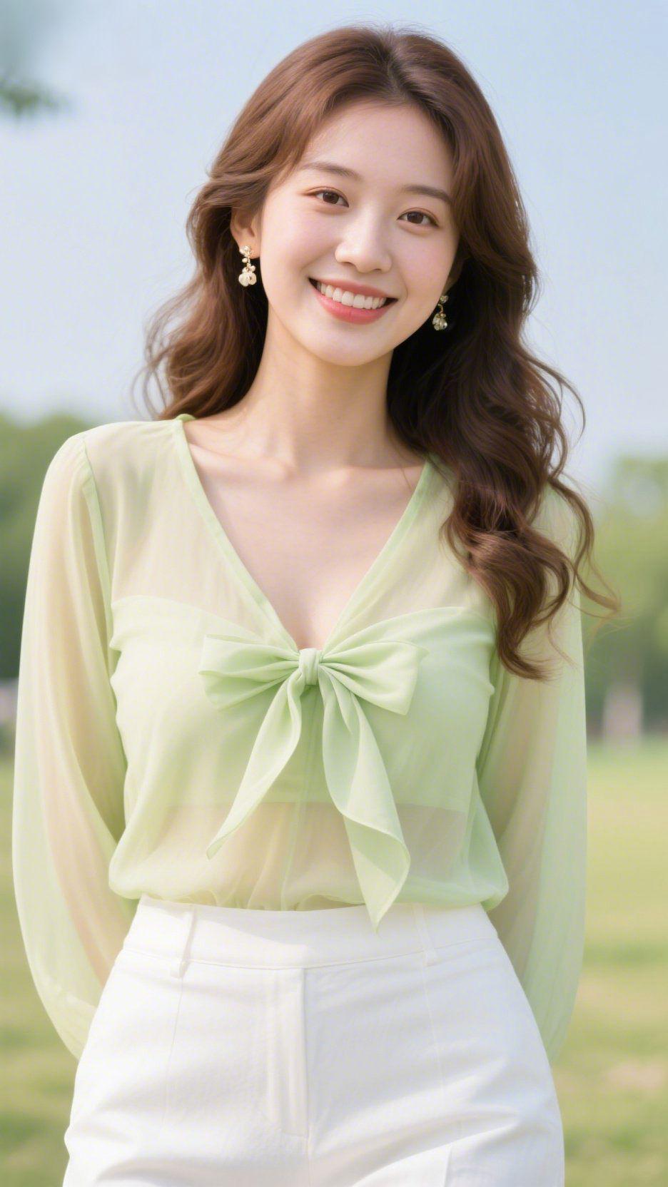 《浅春里的青柠舒意》
 
风裹着草坪的温润漫过时，她立在浅蓝天色下——浅绿纱衫像