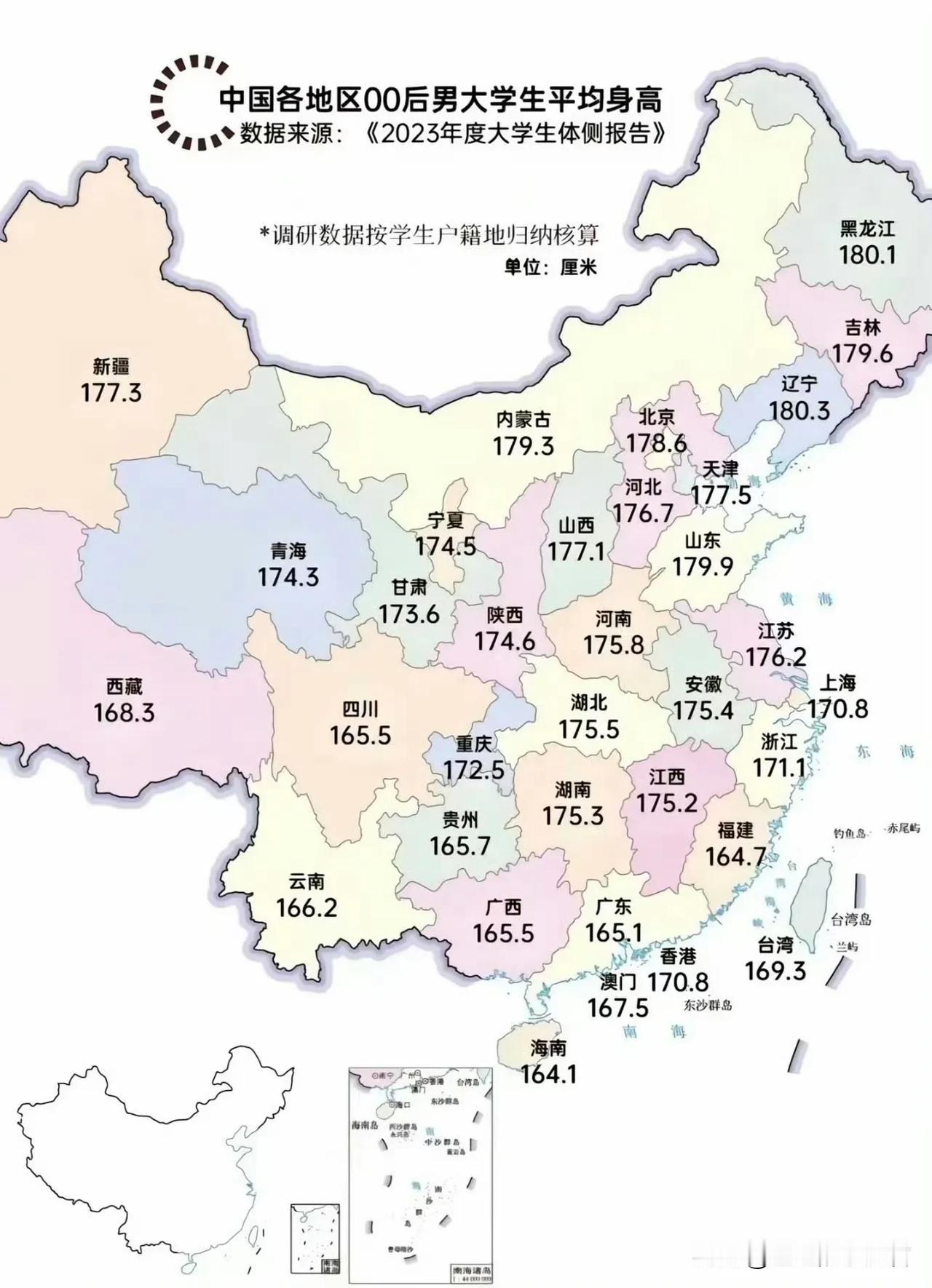 中国各地区00后男大学生平均身高，北方人是真高啊