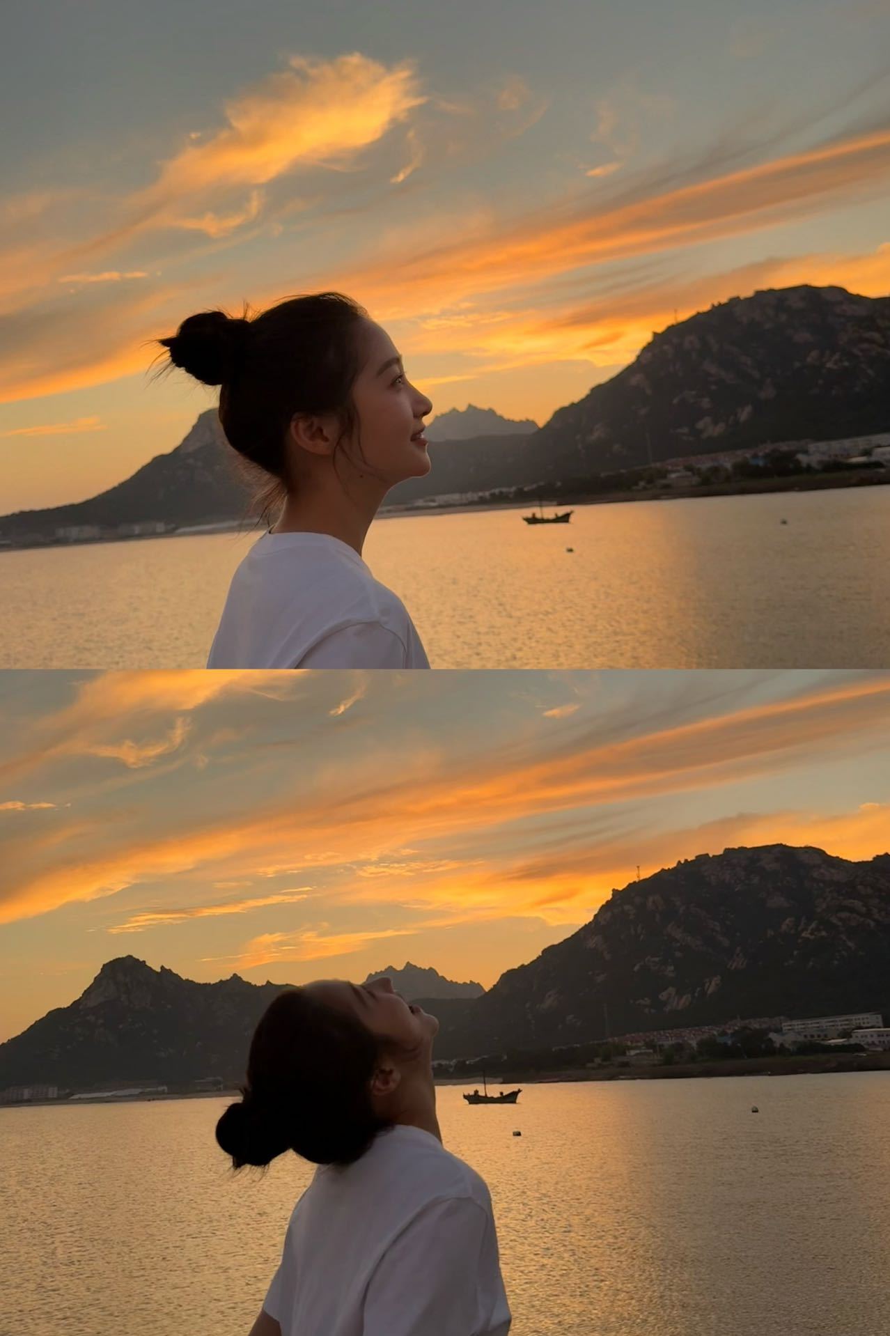 关晓彤发绝美夕阳 八月的第一天，关晓彤分享绝美夕阳，披着外套回眸好有氛围感。关晓