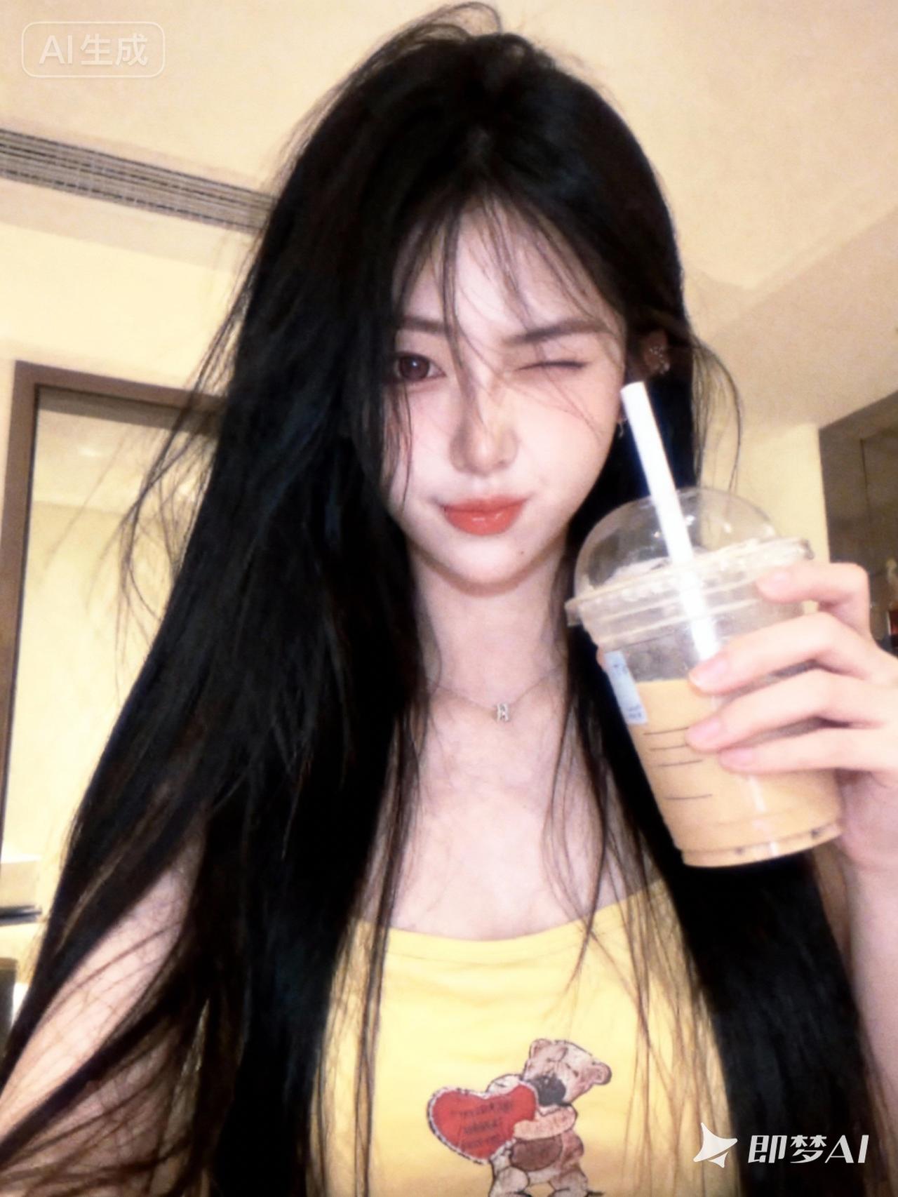 一位超高颜值的美少女，她有着一头黑长直的秀发，发丝蓬松且垂坠感极佳，长发自然地散