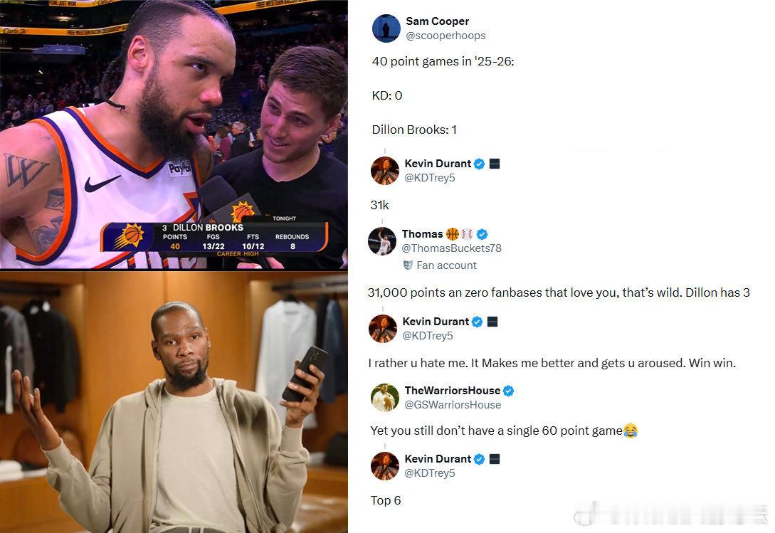 激情对线！赛后有球迷评论杜兰特：“25-26赛季40+次数，狄龙1次、杜兰特0次