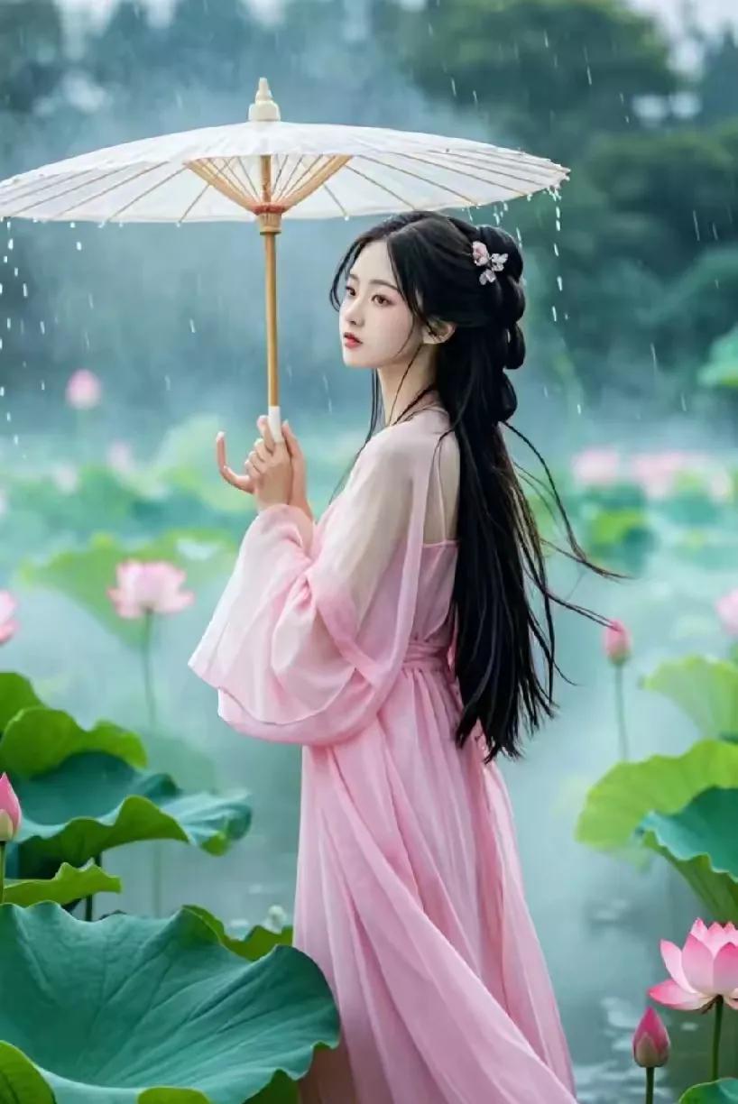 雨中仙子撑伞，粉荷映衬如画