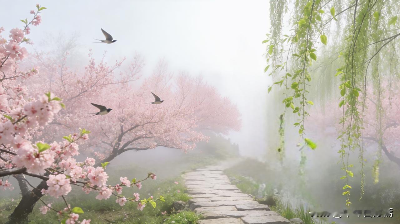 晨雾遇桃花，才懂春天最治愈的模样
 
上联：花红迷晓雾
下联：燕语绕芳堤
 
晨