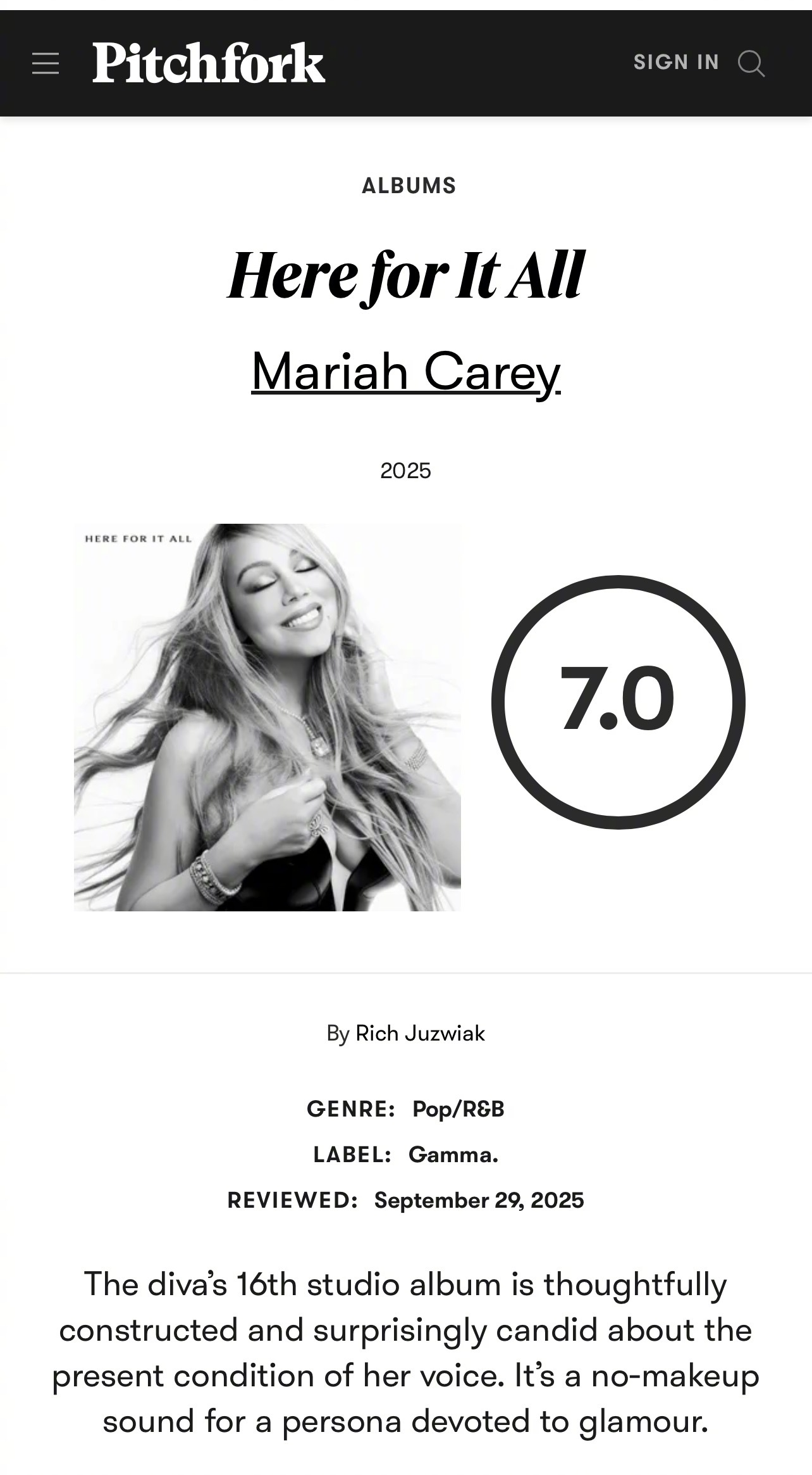 婊叉Pitchfork给牛姐Mariah Carey玛丽亚凯莉新专辑《HERE 