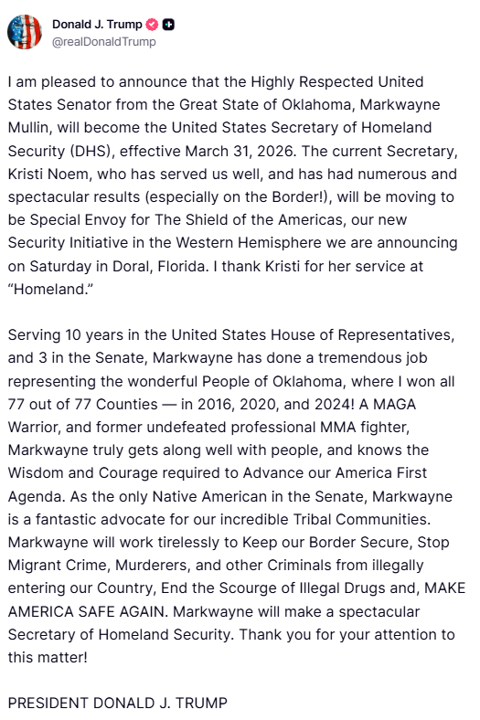🔻特朗普宣布：“我很高兴宣布，来自俄克拉荷马州备受尊敬的美国参议员马克韦恩·穆