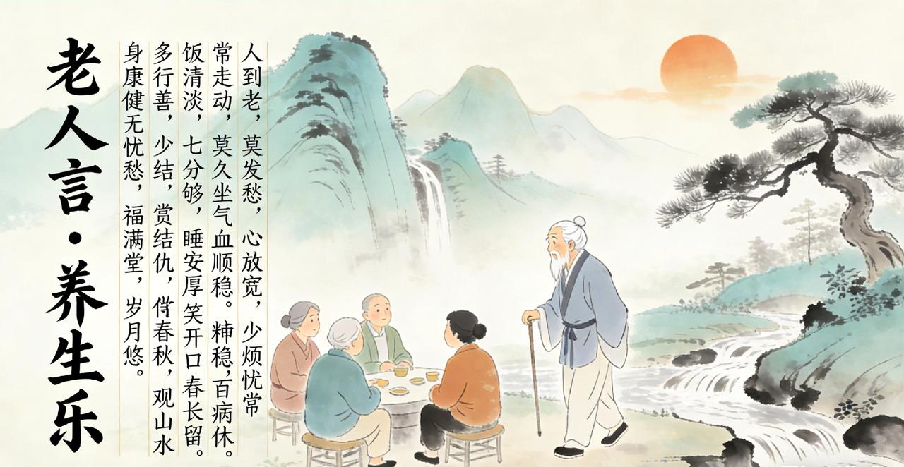 人到老，莫发愁，
心放宽，少烦忧。
常走动，莫久坐，
气血顺，百病休。
饭清淡，