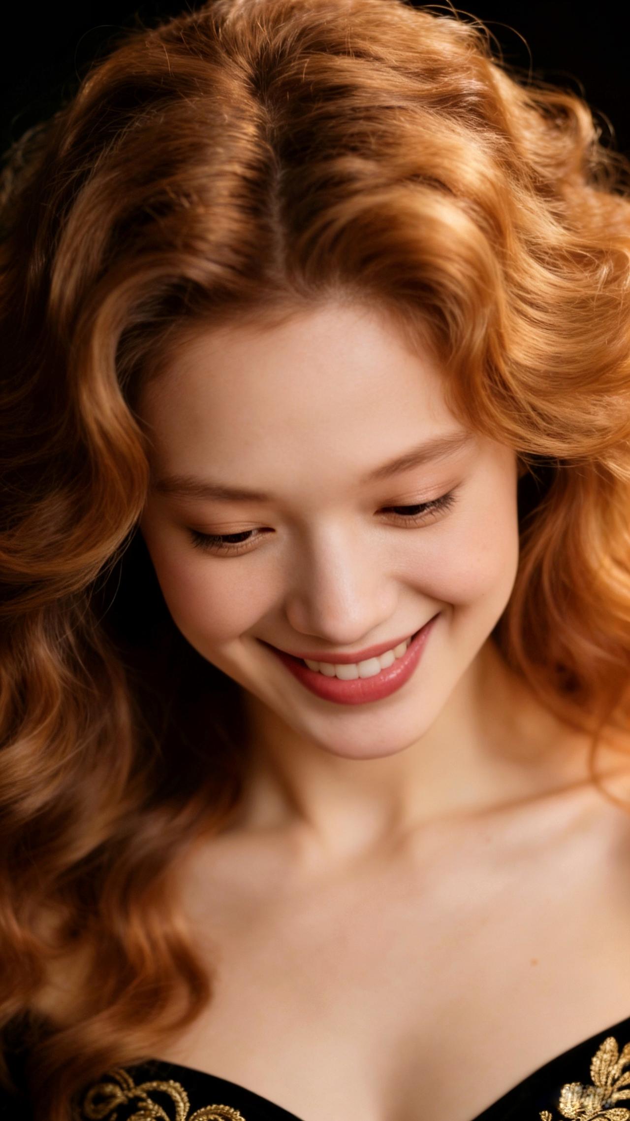 九帧同绘红棕卷发仙。发如焰卷流金光泽，黑衣金绣衬华贵，眉眼弯弯眸藏星，甜笑绽如春