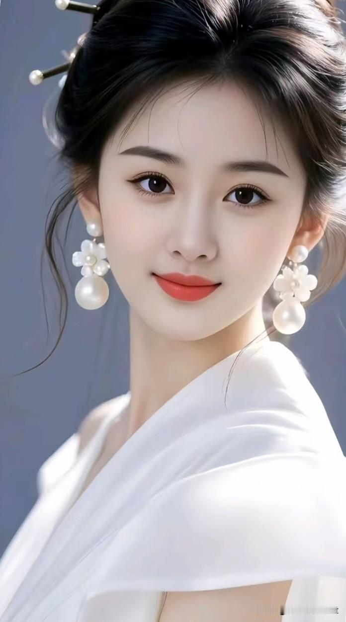 七律·素衣风姿
 
云鬓高梳绾玉簪，珠花垂耳映清襟。
眉如远黛含烟软，目似澄潭蕴