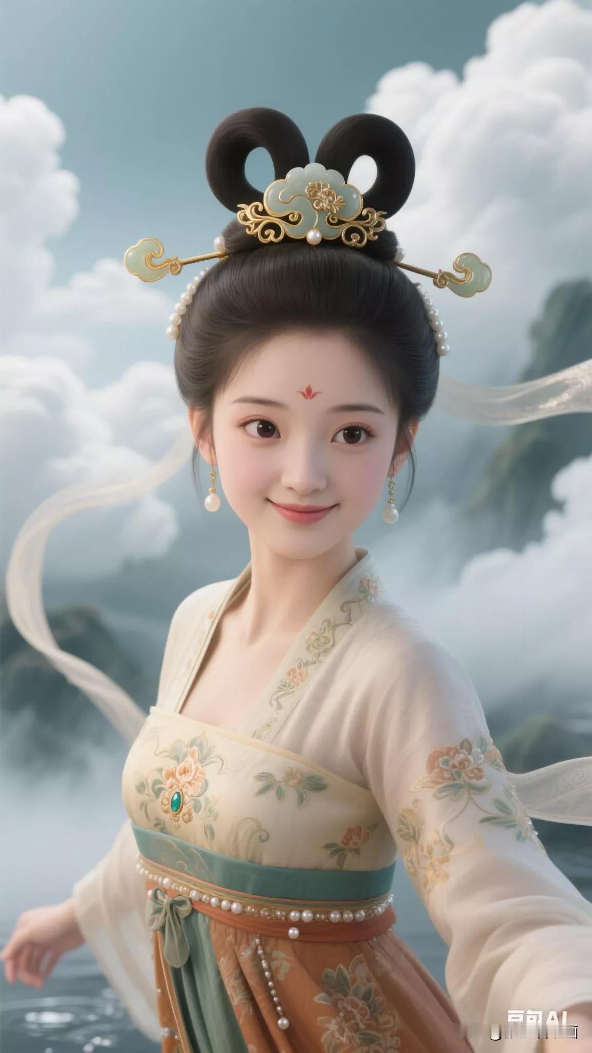 仙气飘飘的古典美人，云雾缭绕中宛如仙子降临。张立启原创书画AI作品古仕女发髻集锦