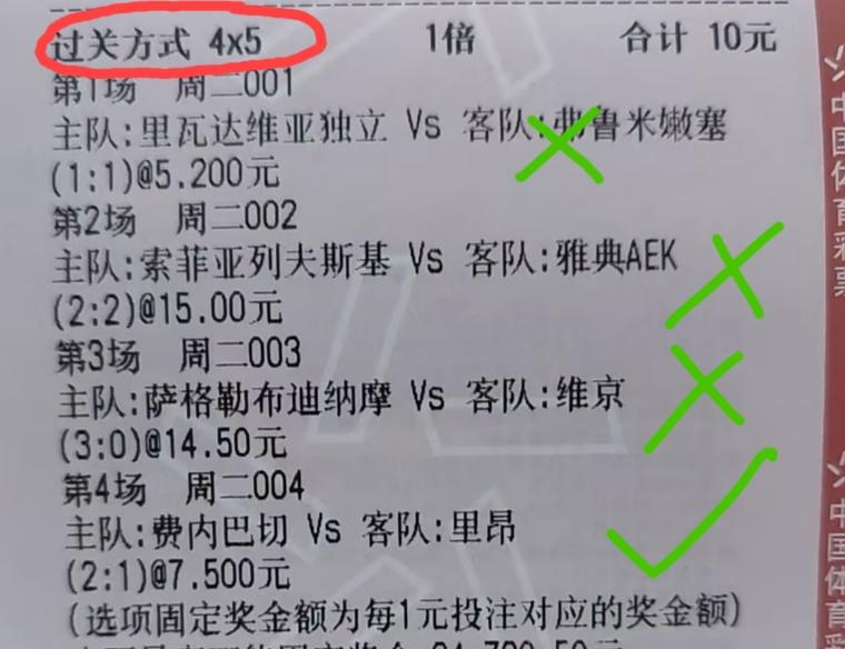 “4x5”，这又是什么鬼？这样的过关方式，大家有没有见到过？
网上看到的这张彩票