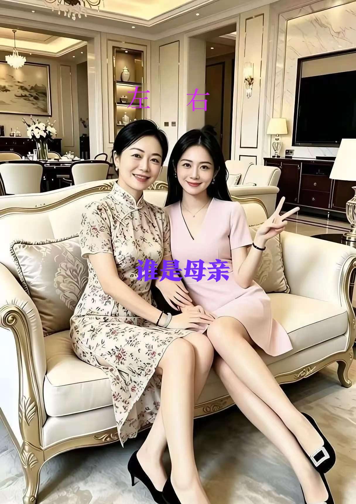 坐在沙发上的是一对母女，
母亲46岁，
女儿22岁，
大家猜猜看，
哪一个是母亲