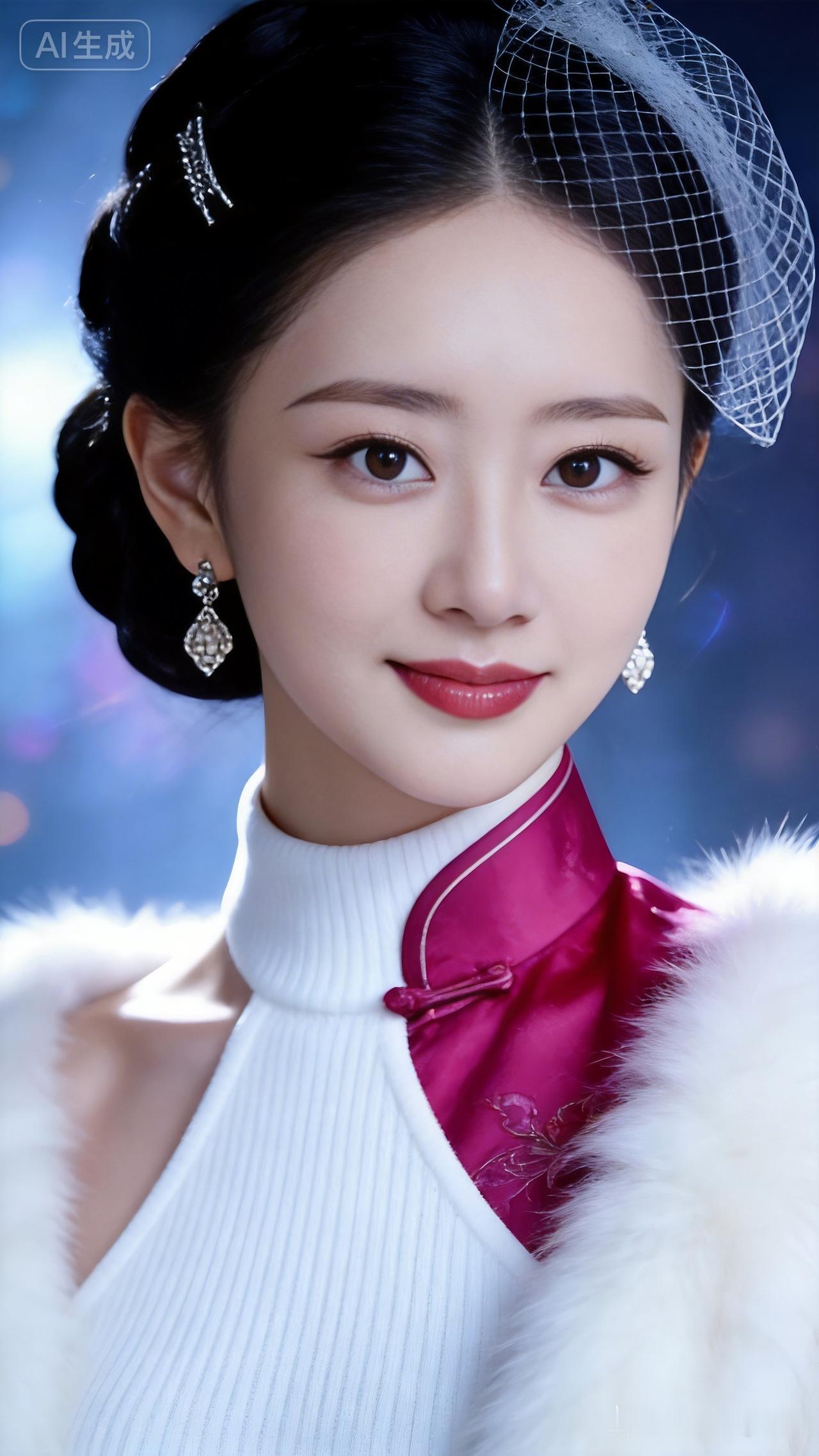 美女黑发盘发点缀小纱帽，白挂脖毛衣搭配玫红旗袍，毛绒外搭轻奢雅致。眉眼精致肤白貌