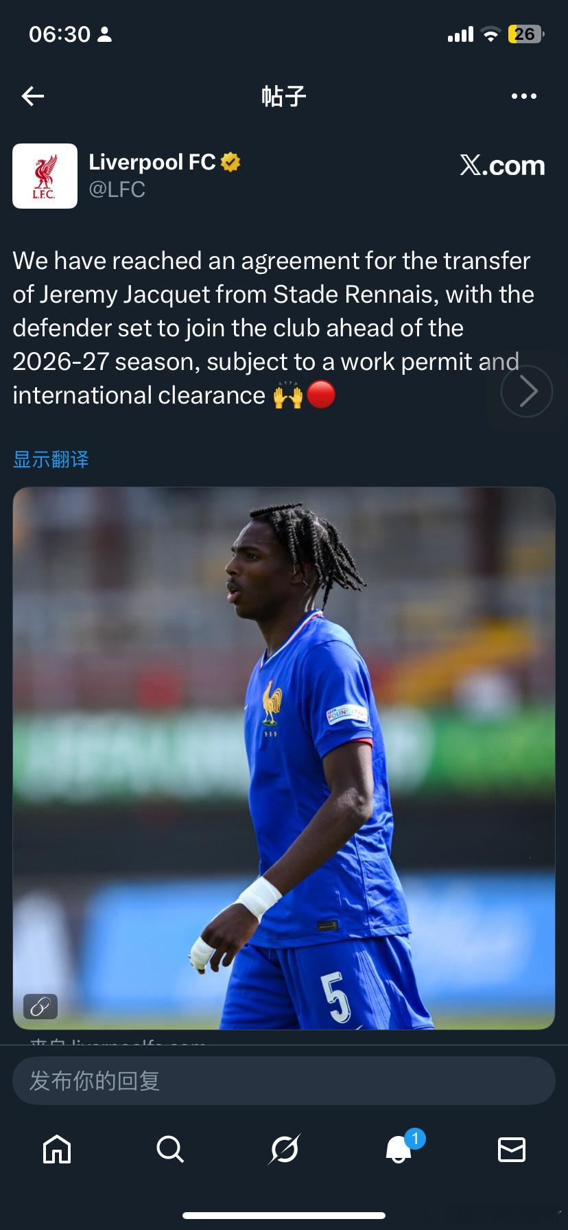 利物浦官宣雅凯加盟！我们已就杰里米·雅凯从雷恩转会达成协议，这位后卫将在 202