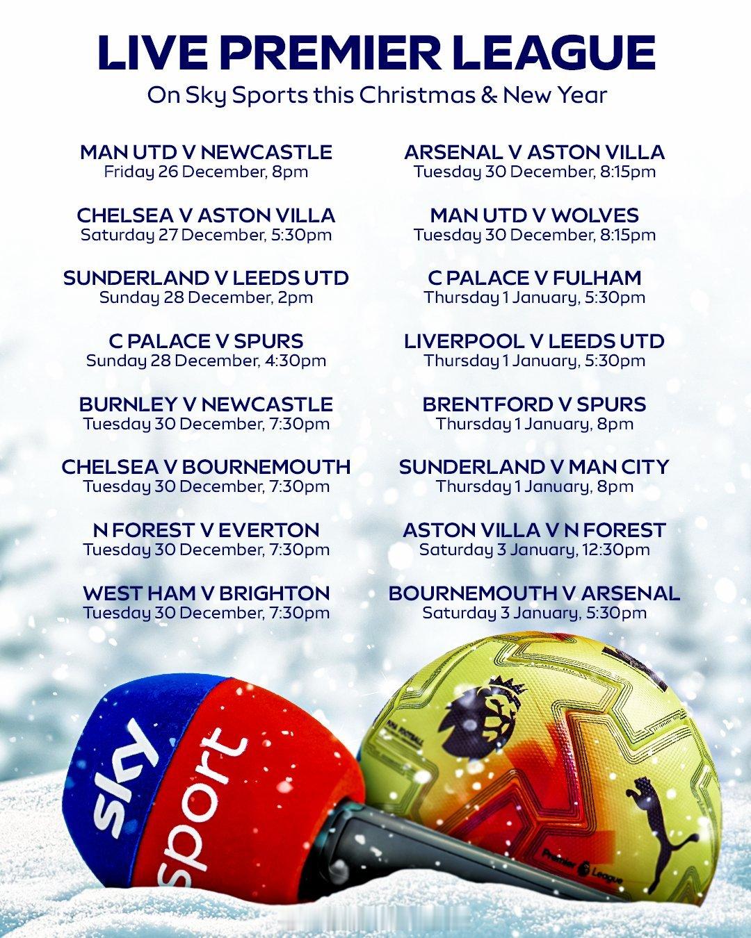 今年英超联赛的圣诞赛程已经确定！今年节礼日，英超仅安排一场比赛，创下了1982年