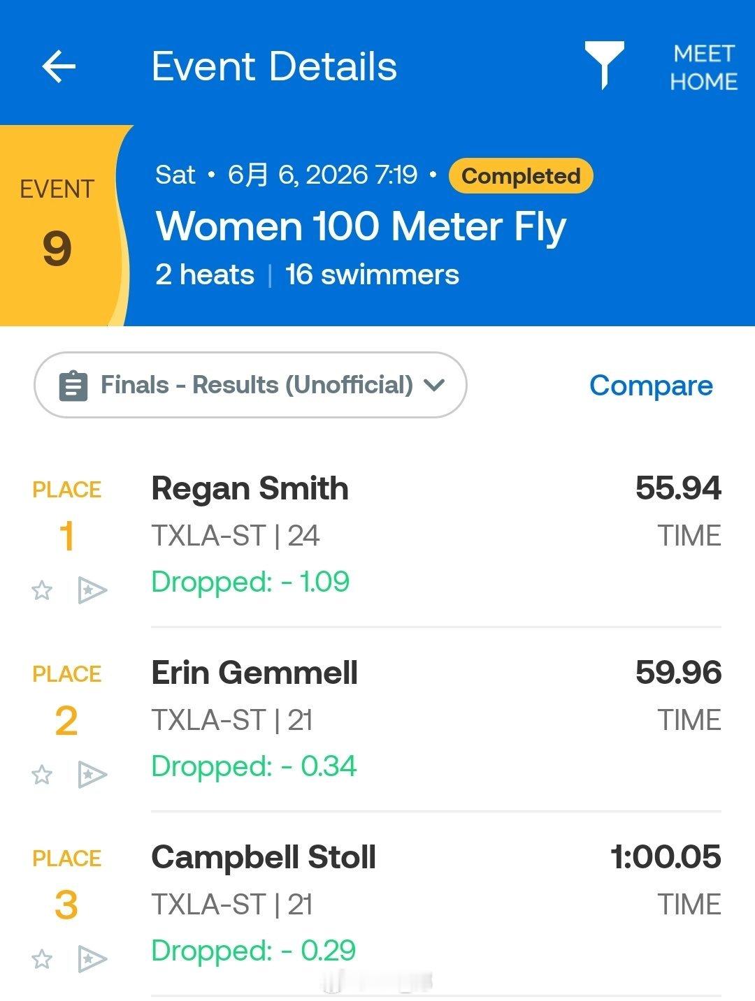 Longhorn Aquatics Elite Invite 女100蝶决赛小刷
